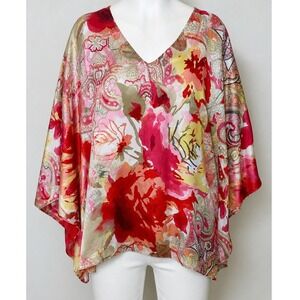 Jones New York Womens Poncho Top Floral Paisley Red Pink Boho Plus Size 2X